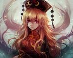  chinese_clothes dress fox_tail hat image_sample junko_(touhou) long_hair long_sleeves looking_at_viewer maho_moco multiple_tails orange_hair red_eyes slit_pupils smile solo tabard tail touhou turtleneck twitter_sample upper_body 