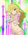  blonde_hair bra breasts cleavage green_eyes hoshii_miki idolmaster idolmaster_(classic) long_hair medium_breasts navel one_eye_closed open_clothes open_shirt pink_diamond_765 pink_shorts shirt short_shorts shorts shotarou smile solo underwear yellow_bra 