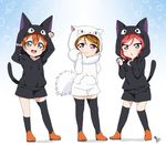  brown_hair cosplay hood hoodie hoshizora_rin koizumi_hanayo love_live! love_live!_school_idol_project majo_no_takkyuubin multiple_girls nishikino_maki orange_hair purple_eyes red_hair short_hair sooki thighhighs 