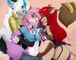  2016 anthro bell black_lips blue_eyes blue_nose blush brown_fur canine cat claws clothed clothing collar ear_piercing eep feline female fennec food fox fur group hair licking licking_lips mammal midriff pants_pull piercing pink_fur pink_hair red_hair roxy_bradingham selena_shadowpaw shirt shirt_lift sledge tan_fur tongue tongue_out whipped_cream white_fur white_hair wolf wolflady 
