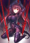  antenna_hair armpits arms_up bangs bodysuit boots breasts cleavage covered_navel covered_nipples eyebrows eyebrows_visible_through_hair fate/grand_order fate_(series) full_body gae_bolg gloves high_heel_boots high_heels kagachi_saku kneeling large_breasts long_hair looking_at_viewer navel panties parted_lips planted_weapon polearm purple_bodysuit purple_hair red red_eyes scathach_(fate)_(all) scathach_(fate/grand_order) see-through solo spear thighhighs underwear very_long_hair weapon 