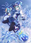  ajigo blue_eyes blue_hair bunny gloves goggles goggles_on_head hatsune_miku highres long_hair open_mouth pantyhose smile snowboard snowflakes twintails vocaloid winter_clothes yuki_ga_tokeru_mae_ni_(vocaloid) yuki_miku yukine_(vocaloid) 