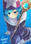  bad_id bad_pixiv_id blue_eyes blue_hair charm_(object) cloak close-up final_fantasy final_fantasy_tactics hat highres kyougetsu_(junrai) robe shaded_face short_hair smile solo staff tate_eboshi time_mage time_mage_(fft) wand weapon 