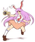  action aiming animal_ears brown_footwear bunny_ears collared_shirt crescent crescent_moon_pin full_body kneehighs long_hair looking_to_the_side lunatic_gun mazume necktie open_mouth pink_skirt red_eyes red_neckwear reisen_udongein_inaba shiny shiny_hair shirt shoes short_sleeves sidelocks simple_background skirt solo thighs tie_clip touhou very_long_hair white_background white_shirt 