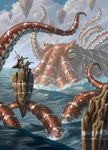  cephalopod cloudscape craig_j._spearing feral front_view human kraken levitating macro magic_the_gathering mammal marine octopus official_art partially_submerged pointing rear_view sea size_difference sky solo_focus staff tentacles warrior water wave 