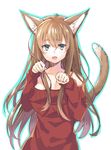  absurdres animal_ears bare_shoulders blush brown_hair cat_ears cat_tail eyebrows eyebrows_visible_through_hair fang final_fantasy final_fantasy_xiv highres kurasawa_moko long_hair long_sleeves looking_at_viewer miqo'te off_shoulder open_mouth paw_pose sketch solo sweater tail upper_body white_background 