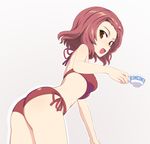  ass bikini blush breasts cup from_behind girls_und_panzer holding looking_at_viewer looking_back medium_breasts nanashino open_mouth red_bikini red_eyes red_hair rosehip short_hair side-tie_bikini smile solo swimsuit teacup 