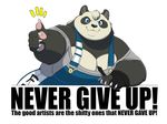  bear black_fur blue_eyes claws clothed clothing english_text female fur gillpanda looking_at_viewer mammal multicolored_fur overweight panda pawpads pen sharp_teeth simple_background smile teeth text thumbs_up two_tone_fur white_background white_fur 