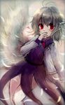  blush bow bowtie colorized covering_mouth dress feathers grey_hair highres jacket kishin_sagume long_sleeves looking_at_viewer maho_moco purple_dress red_eyes short_hair single_wing sketch solo touhou wings 