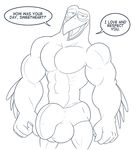  abs anthro anti_dev avian beak biceps big_bulge big_muscles bird bulge clothing dialogue feathers looking_at_viewer male muscular open_mouth pecs penis_outline smile solo standing stork storks topless underwear 