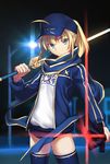  ahoge aqua_eyes artoria_pendragon_(all) baseball_cap blonde_hair buruma dark_excalibur dual_wielding excalibur fate/grand_order fate_(series) gym_uniform hat holding hujitaumi jacket mysterious_heroine_x ponytail rojiura_satsuki:_chapter_heroine_sanctuary scarf solo sword thighhighs track_jacket weapon zettai_ryouiki 