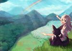  :d ahoge bangs barefoot blue_eyes blue_sky child cliff cloud day dragon dress fang fantasy flower_bed forest grass hair_between_eyes hair_flaps landscape long_hair meadow mountain nature open_mouth original outdoors outstretched_arm outstretched_leg pointing pointing_forward pointing_up rainbow scenery shugao silver_hair sitting sky sleeveless sleeveless_dress smile sunlight tareme western_dragon white_dress 