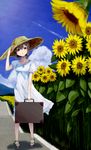  briefcase brown_eyes brown_hair dress flower hagiwara_yukiho idolmaster idolmaster_(classic) jewelry necklace short_hair solo sunflower tsukimura white_dress 