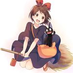  :d animal bag black_dress black_fur blush bottle bow broom broom_riding brown_eyes brown_hair canister cat dress fangs full_body hair_bow hairband handbag highres jiji_(majo_no_takkyuubin) kiki looking_to_the_side majo_no_takkyuubin nonono open_mouth over_shoulder pointy_ears pumps red_bow round_teeth short_sleeves smile teeth whiskers 