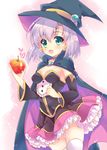  :d alice_wishheart apple black_hat cape cowboy_shot detached_sleeves earrings food frilled_skirt frills fruit green_eyes hat hinata_momo holding holding_food holding_fruit jewelry lavender_hair looking_at_viewer magical_halloween open_mouth pink_skirt short_hair skirt smile solo standing thighhighs white_legwear witch_hat 