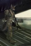  aircraft anthro army backpack camo canine clothing detailed_background gun koul mammal military ranged_weapon rifle uniform weapon wolf 