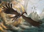  anthro aven avian beak bird clothing crane dutch_angle feathered_wings feathers female gate johann_bodin long_neck long_tail low-angle_view magic_the_gathering official_art robe signature solo spread_wings winged_arms wings 