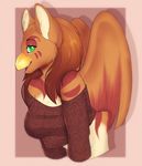  anthro avian beak clothed clothing female gryphon kammymau looking_at_viewer open_mouth simple_background smile solo wings 