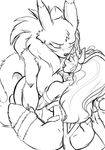  2016 all_fours big_breasts blush breasts crossover darkstalkers digimon duo eyes_closed felicia_(darkstalkers) female female/female half-closed_eyes inner_ear_fluff licking monochrome neck_tuft nipples rear_view renamon side_boob simple_background sketch spread_legs spreading tongue tongue_out tuft video_games yawg 