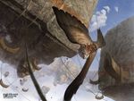  avian beak bird dutch_angle feathered_wings feathers feral flying front_view johann_bodin landscape low-angle_view magic_the_gathering official_art rope saddle signature spread_wings suspension wings 