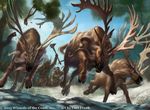  antlers brandishing carl_frank cervine charging elk feral front-view group holding_object holding_weapon hooves horn human low-angle_view mammal open_mouth quadruped running snow tree weapon 