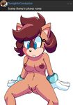  anthro areola blue_eyes breasts brown_hair bump_the_deer cervine clothing deer english_text extraspecialzone eyelashes fan_character female fur gloves hair mammal mostly_nude navel nipples pussy simple_background solo sonic_(series) tan_fur text white_background 