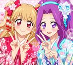  2girls aikatsu! aikatsu!_(series) blonde_hair blue_nails blush bow double_v floral_print flower hair_bow hair_flower hair_ornament hairband happy_new_year heart highres japanese_clothes jewel_(the_black_canvas) kanzaki_mizuki kimono long_hair looking_at_viewer multiple_girls nail_art nail_polish natsuki_mikuru new_year open_mouth purple_eyes purple_hair red_eyes red_nails smile sparkle two_side_up upper_body v 