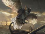  avian backlit beak bird dutch_angle feathered_wings feathers feral flying landing landscape looking_down magic_the_gathering official_art owl restricted_palette spread_wings talons titus_lunter wings 