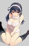  ahoge bangs bare_shoulders black_hair black_legwear blush breasts brown_eyes cleavage cleavage_cutout clothes_tug dress from_above headband highres kantai_collection kneehighs large_breasts long_hair looking_up meme_attire open-chest_sweater open_mouth ribbed_sweater sitting solo sweater sweater_dress sweater_tug swept_bangs tebi_(tbd11) turtleneck ushio_(kantai_collection) wariza 