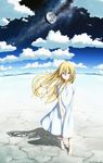  2012 absurdres barefoot blonde_hair blue_eyes blue_sky crack dated day dress highres kama_iruka long_hair looking_at_viewer moon original outdoors ripples shadow signature sky solo space wading water white_dress 