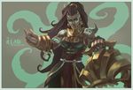  bare_shoulders brown_background brown_hair character_name dark_skin deviantart_sample earrings facial_tattoo green_eyes illaoi image_sample jewelry league_of_legends long_hair monori_rogue ponytail solo tattoo tentacles 