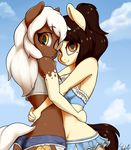  2015 anthro beauty_mark breast_squish breasts brown_eyes brown_hair cleavage clothed clothing cookie_(oc) cutie_mark duo equine fan_character female hair horse hug looking_at_viewer mammal miniskirt my_little_pony outside pony shorts skecchiart skirt sundae_(oc) 