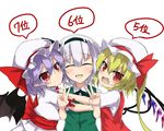  :d ^_^ akisome_hatsuka bat_wings blonde_hair bow bowtie closed_eyes commentary double_v fang flandre_scarlet girl_sandwich hairband hat hug konpaku_youmu mob_cap multiple_girls nervous_smile open_mouth pointy_ears purple_hair red_eyes remilia_scarlet sandwiched sash side_ponytail silver_hair smile touhou tsurime v vest wings 