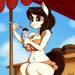  2015 anthro beauty_mark bikini breasts brown_eyes brown_hair cleavage clothed clothing cookie_(oc) dessert equine fan_character female food hair horse ice_cream mammal my_little_pony pony sitting skecchiart solo swimsuit 
