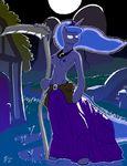  2015 anthro belt blue_fur blue_hair breasts clothing cutie_mark friendship_is_magic fur hair horn melee_weapon moon my_little_pony nipples outside pose presenting princess_luna_(mlp) pussy royalty scythe threewontoo topless weapon 