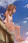  arms_between_legs barefoot blue_sky brown_eyes brown_hair cloud day feet from_below i-401_(kantai_collection) kantai_collection lens_flare looking_afar looking_away looking_to_the_side one-piece_swimsuit outdoors ponytail profile sailor_collar school_swimsuit short_ponytail sitting sky solo swimsuit swimsuit_under_clothes tan toes v_arms yumesato_makura 