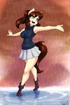  2015 anthro boots brown_eyes brown_hair clothing cookie_(oc) equine fan_character female footwear hair high_heels horse mammal miniskirt my_little_pony pony raining skecchiart skirt solo sweater sweater_vest 