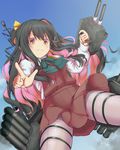  black_hair em_s fang fang_out highres kantai_collection long_hair multicolored_hair naganami_(kantai_collection) pantyhose pink_hair school_uniform skirt smile solo yellow_eyes 