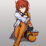  ahoge bodysuit chaldea_combat_uniform cleavage_cutout command_spell fate/grand_order fate_(series) fujimaru_ritsuka_(female) off_shoulder open_clothes open_shirt orange_bodysuit orange_eyes orange_hair orange_scrunchie red_hair scrunchie shirt short_hair side_ponytail simple_background solo tokito0305 yellow_eyes 