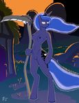  2015 anthro blue_fur blue_hair breasts cutie_mark friendship_is_magic fur hair horn melee_weapon moon my_little_pony nipples nude outside pose presenting princess_luna_(mlp) pussy royalty scythe threewontoo weapon 