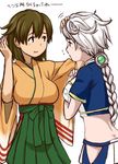  asymmetrical_hair braid breasts brown_eyes brown_hair crop_top green_skirt hair_between_eyes hand_on_another's_head hiryuu_(kantai_collection) iwana japanese_clothes kantai_collection looking_at_another medium_breasts midriff miniskirt multiple_girls pleated_skirt short_sleeves silver_hair single_braid skirt translation_request unryuu_(kantai_collection) 