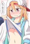  1girl angry backwards_hat baseball_cap blush breasts brown_eyes celebi_ryousangata clenched_teeth commentary_request hair_through_headwear hat idolmaster idolmaster_cinderella_girls jacket long_hair navel open_clothes open_jacket orange_hair shirt_lift small_breasts solo_focus tears teeth translated trembling underboob yuuki_haru 