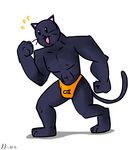 abs anthro body_builder cat cat_tail clothing expression feline fish fist flexing human_body human_male_body humor invalid_color j.f male mammal marine muscle_cat muscular open_mouth orange_thong pecks picture_of_fish pose thong 