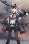  aircraft airplane blonde_hair blue_eyes breasts capelet fw_190 gloves graf_zeppelin_(kantai_collection) hat highres jenson_tw kantai_collection large_breasts long_hair miniskirt pantyhose peaked_cap skirt solo twintails uniform 