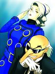  1girl adjusting_eyewear bald blonde_hair glasses gloves gradient gradient_background grin hairband igor lipstick long_nose looking_at_viewer makeup margaret_(persona) persona persona_4 smile sunglasses upper_body white_hair yasogami_sanpo yellow_eyes 