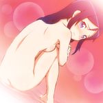  aragaki_ayase ass black_hair blue_eyes blush breasts bubble_background covering covering_breasts crossed_arms dutch_angle embarrassed from_behind highres long_hair looking_at_viewer looking_back nude ore_no_imouto_ga_konna_ni_kawaii_wake_ga_nai parted_lips sangyo_(threefish) sitting solo 