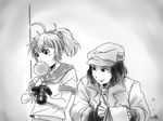  antenna_hair aoba_(kantai_collection) bubble_blowing camera chewing_gum coat commentary_request crossover fallout fallout_4 fingerless_gloves gloves greyscale hat holding kantai_collection monochrome multiple_girls notepad piper_wright ponytail school_uniform scull serafuku short_hair single-lens_reflex_camera sketch smile 