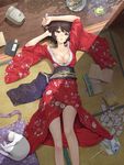 :o arm_over_head arms_up bare_legs black_hair blue_eyes blush book bookmark breasts cat cleavage collarbone cushion eyewear_removed fan floral_print food from_above fruit glasses hand_in_hair holding holding_eyewear indoors japanese_clothes kayari_buta kimono large_breasts letter long_legs looking_at_viewer lying maeda_risou obi on_back open_book open_mouth original paper_fan pillow plate red_kimono sash shade shadow short_hair solo tatami tree_shade uchiwa veranda watermelon watermelon_seeds white_cat yukata zabuton 