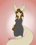  2012 anthro breasts brown_eyes brown_fur brown_hair canine clothed clothing dress english_text female fennec fox fur hair long_hair mammal maya_(nightfaux) nightfaux pink_nose purse red_background signature simple_background smile solo text white_background wide_hips 
