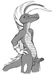  balls clothing crossgender dick-diddler_(artist) eyelashes flat_chested gloves humanoid_penis krawk lady_frostbite_(character) looking_at_viewer male mohawk monochrome neopets penis reptile scalie simple_background solo standing white_background 